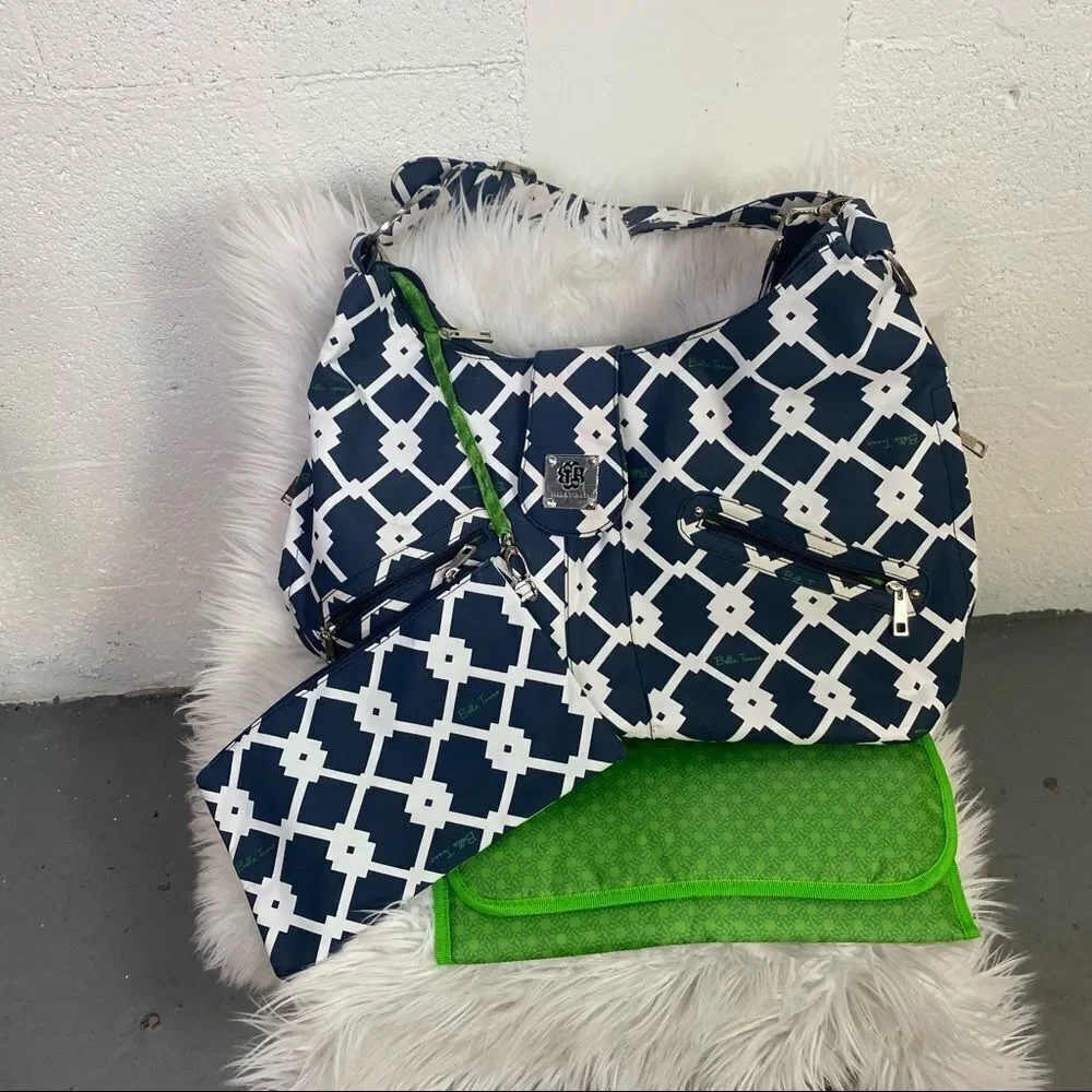 NEW Bella Tunno Navy Blue White Diaper Baby Bag Matching Pouch & Changing Pad